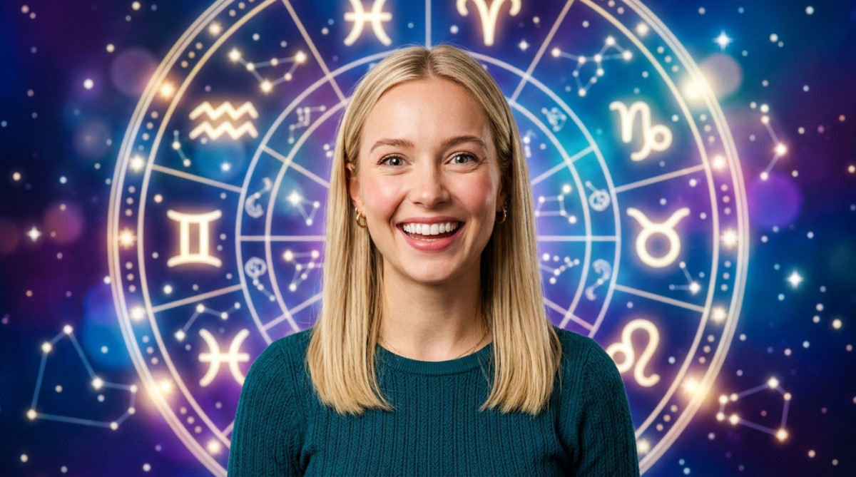 Editorial portrait photo of a young blonde woman with straight hair, looking at camera with amazed a