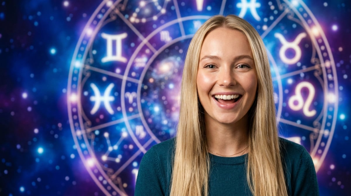 Editorial portrait photo of a young blonde woman with straight hair, looking at camera with amazed a