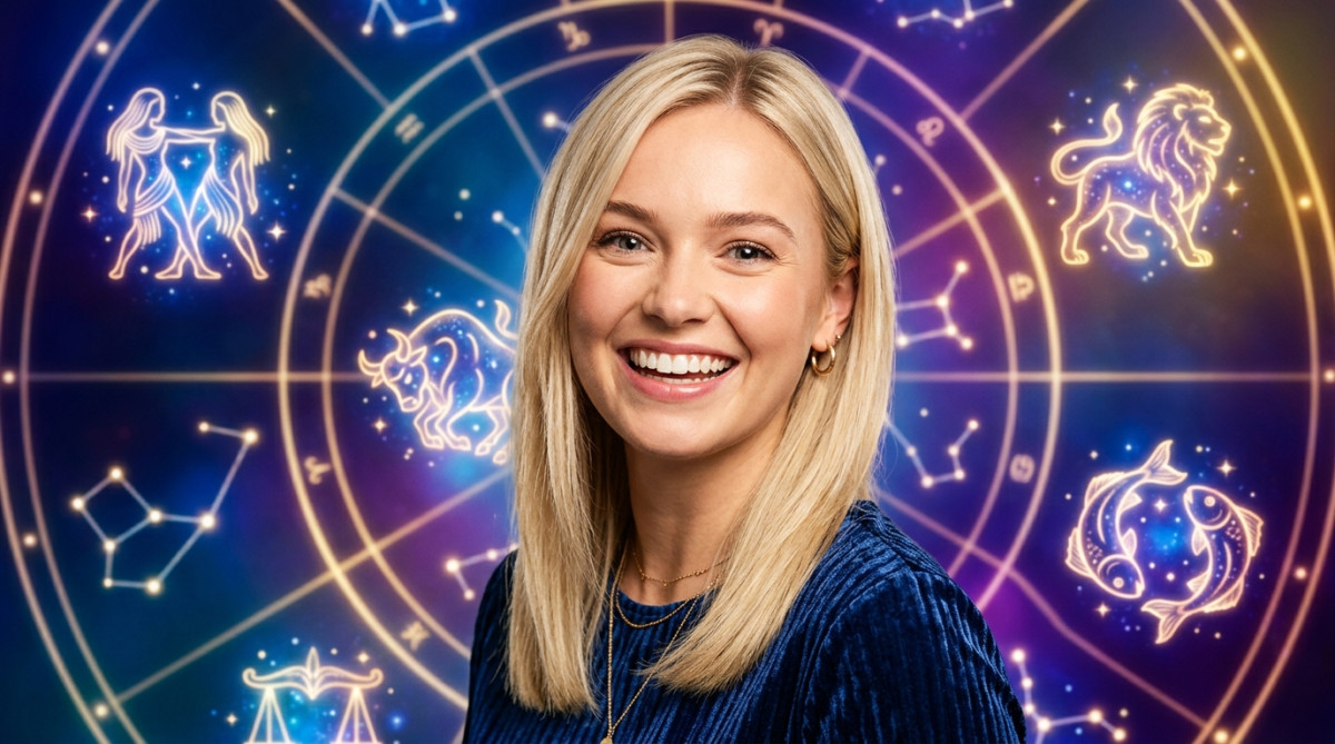 Editorial portrait photo of a young blonde woman with straight hair, looking at camera with amazed a