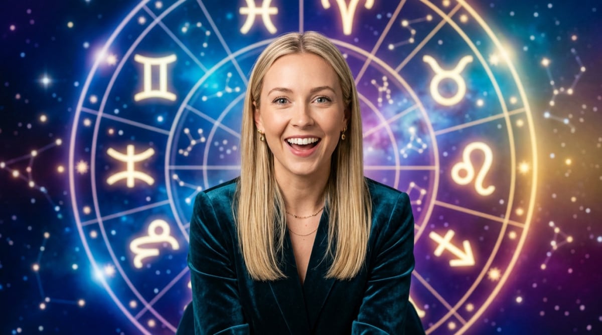 Editorial portrait photo of a young blonde woman with straight hair, looking at camera with amazed a