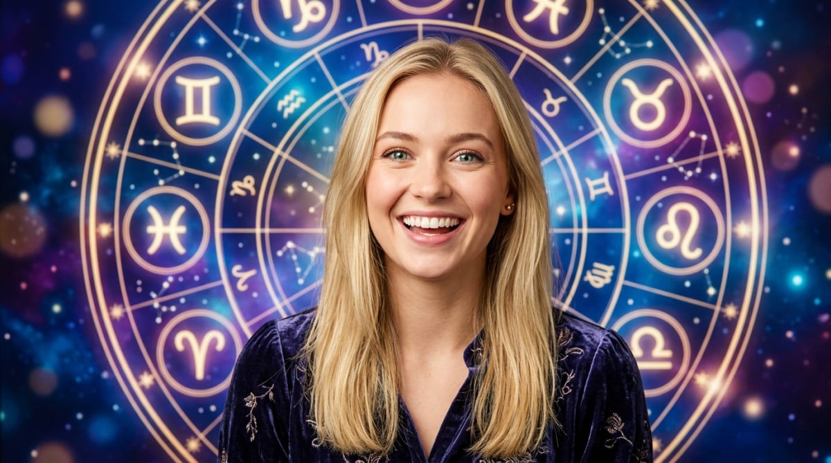 Editorial portrait photo of a young blonde woman with straight hair, looking at camera with amazed a