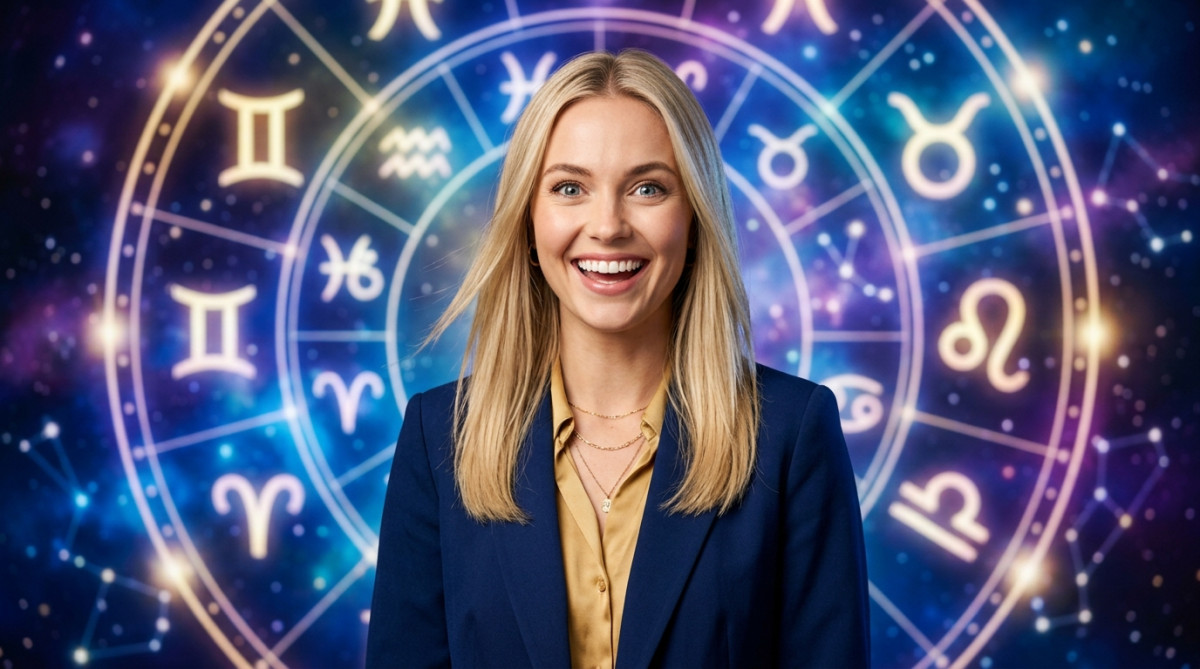 Editorial portrait photo of a young blonde woman with straight hair, looking at camera with amazed a