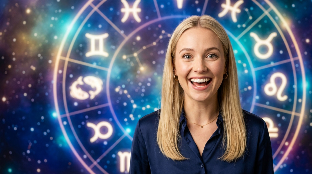 Editorial portrait photo of a young blonde woman with straight hair, looking at camera with amazed a