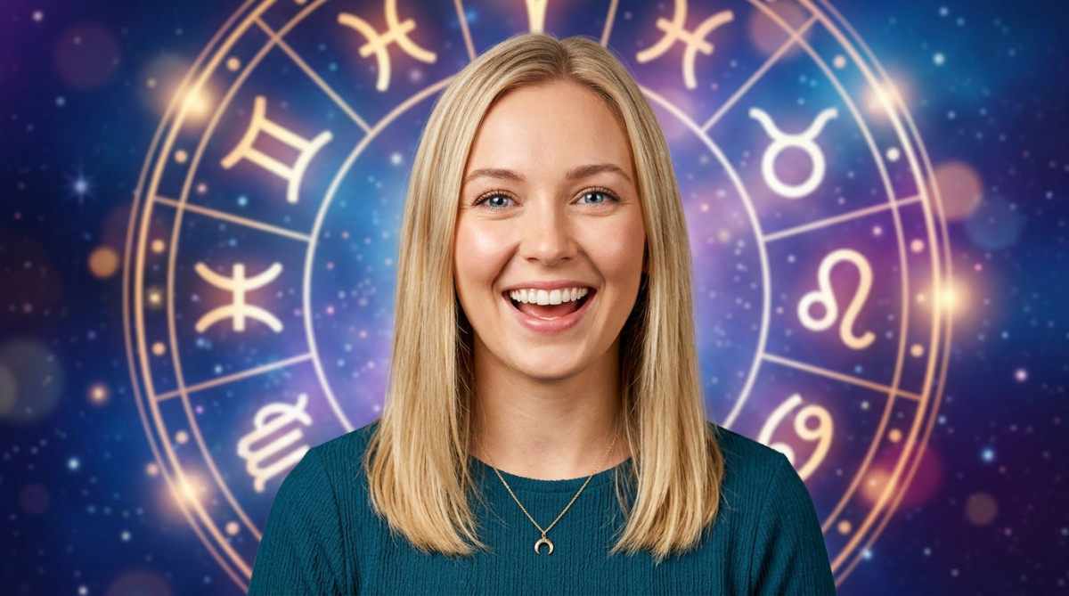 Editorial portrait photo of a young blonde woman with straight hair, looking at camera with amazed a