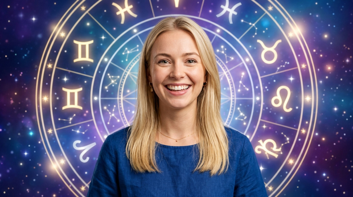 Editorial portrait photo of a young blonde woman with straight hair, looking at camera with amazed a
