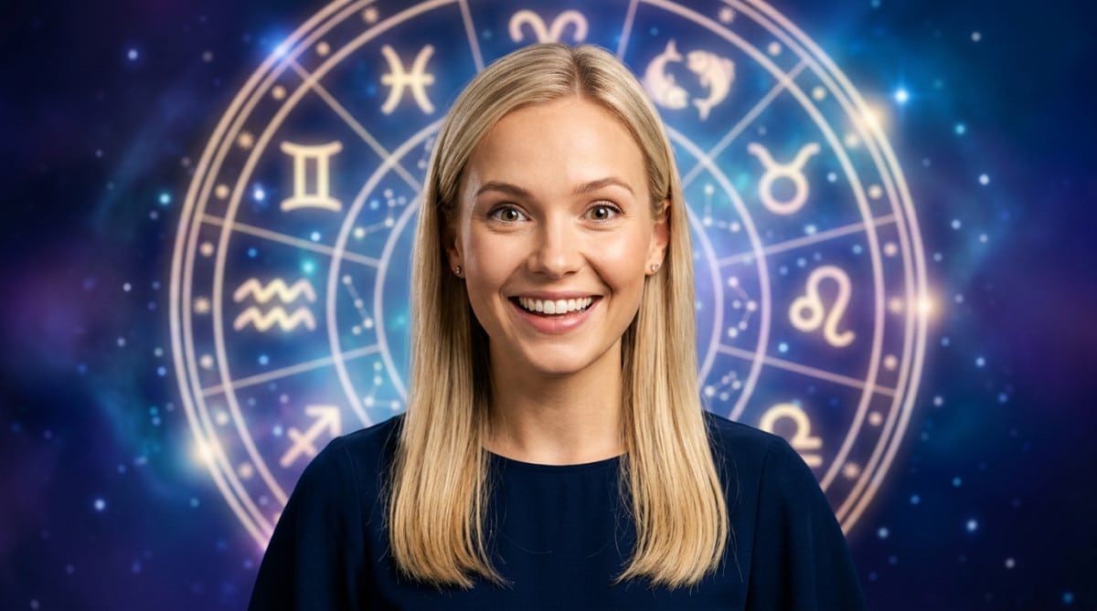 Editorial portrait photo of a young blonde woman with straight hair, looking at camera with amazed a