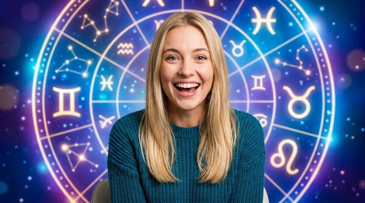 Editorial portrait photo of a young blonde woman with straight hair, looking at camera with amazed a