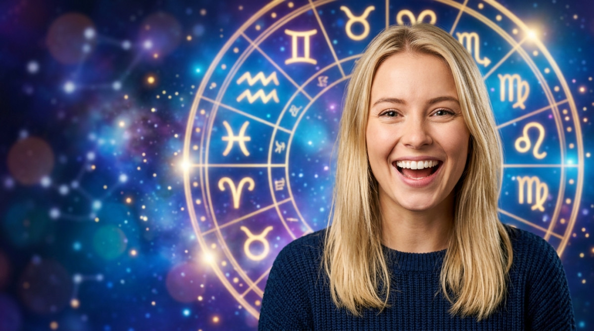 Editorial portrait photo of a young blonde woman with straight hair, looking at camera with amazed a