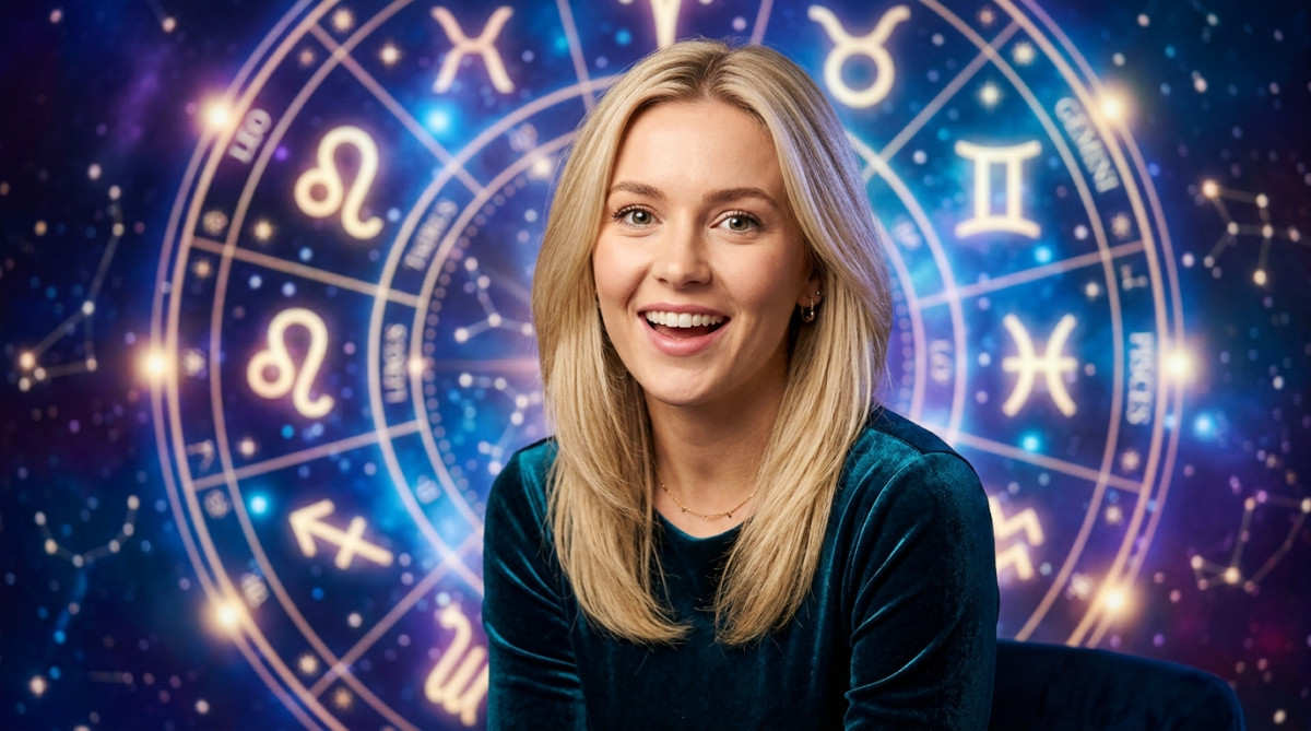 Editorial portrait photo of a young blonde woman with straight hair, looking at camera with amazed a