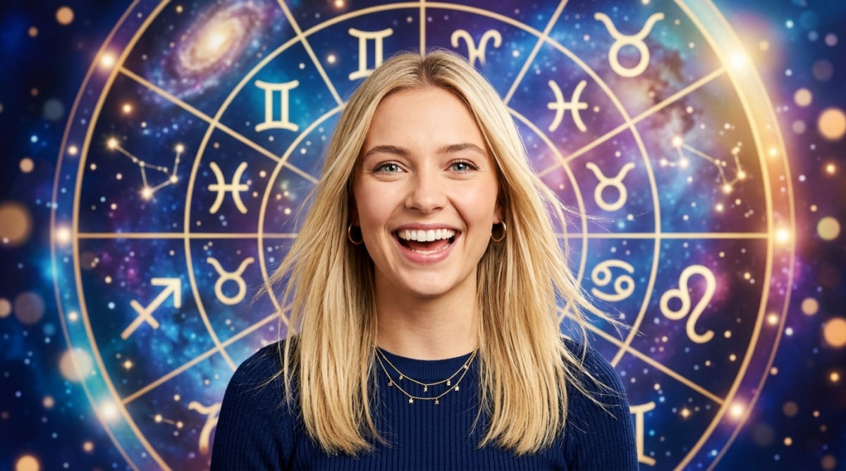 Editorial portrait photo of a young blonde woman with straight hair, looking at camera with amazed a