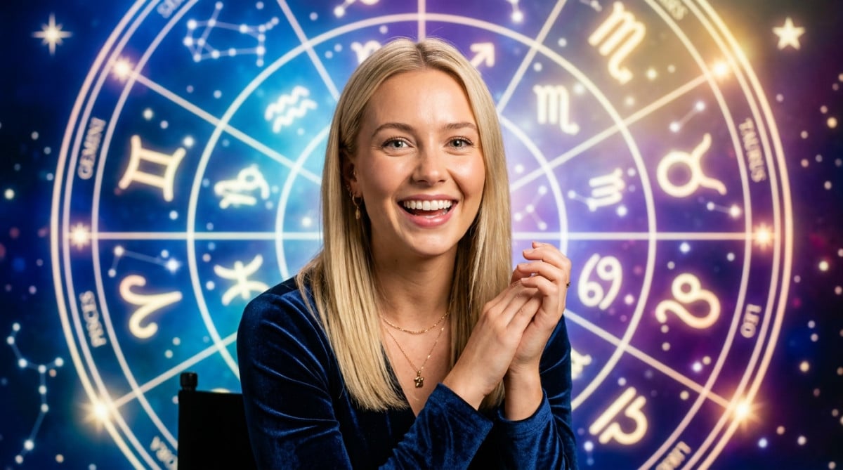 Editorial portrait photo of a young blonde woman with straight hair, looking at camera with amazed a
