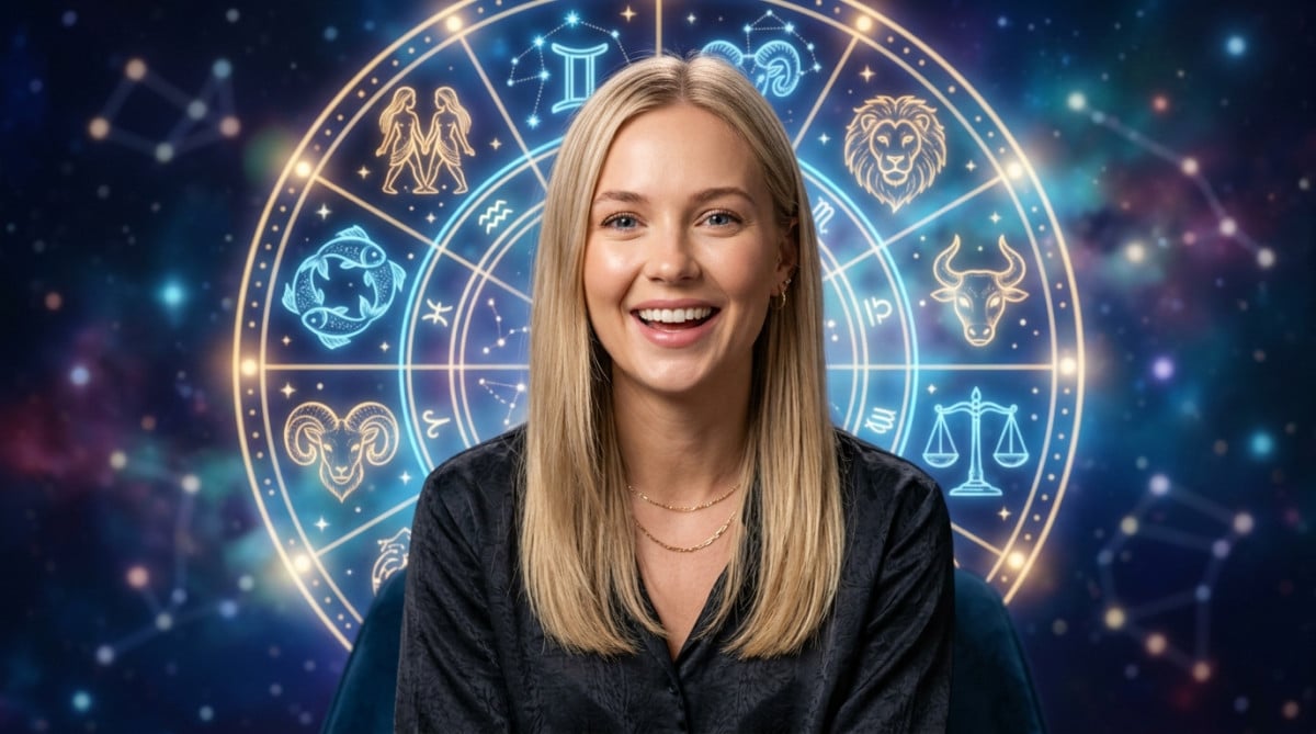 Editorial portrait photo of a young blonde woman with straight hair, looking at camera with amazed a