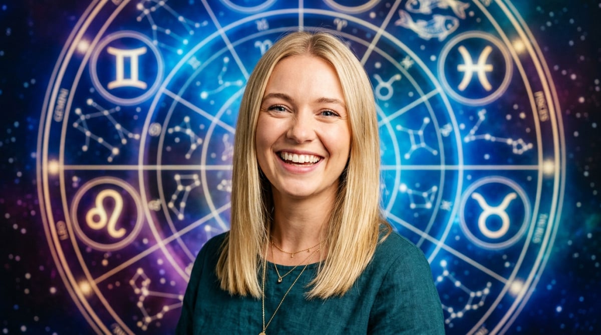 Editorial portrait photo of a young blonde woman with straight hair, looking at camera with amazed a