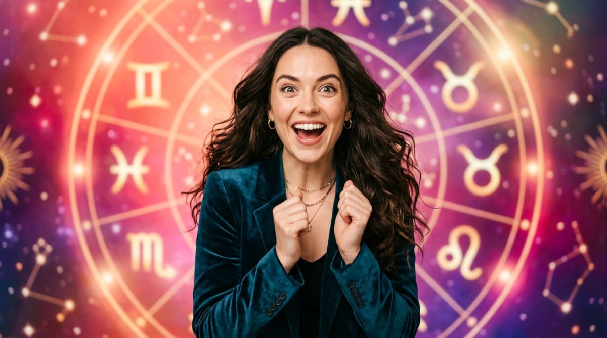 Editorial portrait photo of a young brunette woman with long hair, looking at camera with shocked an