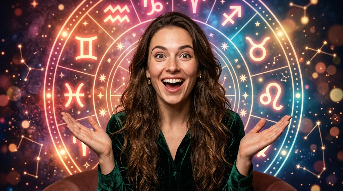 Editorial portrait photo of a young brunette woman with long hair, looking at camera with shocked an