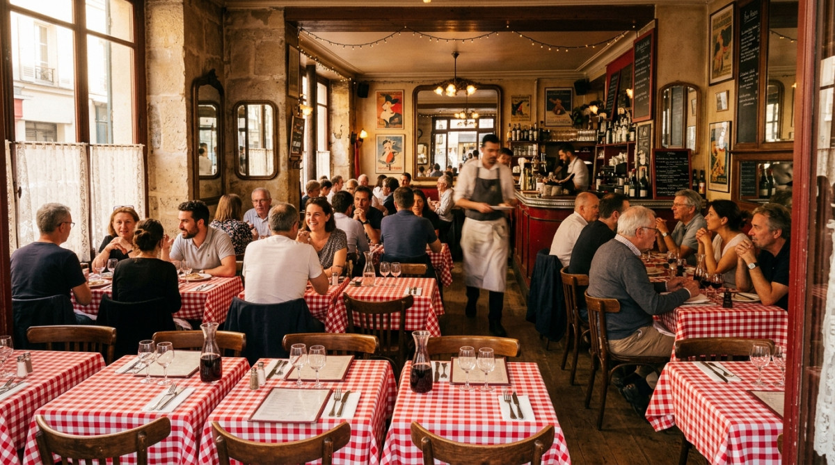 Editorial press photograph illustrating: Pourquoi les nappes des bistrots français ont toutes des ca