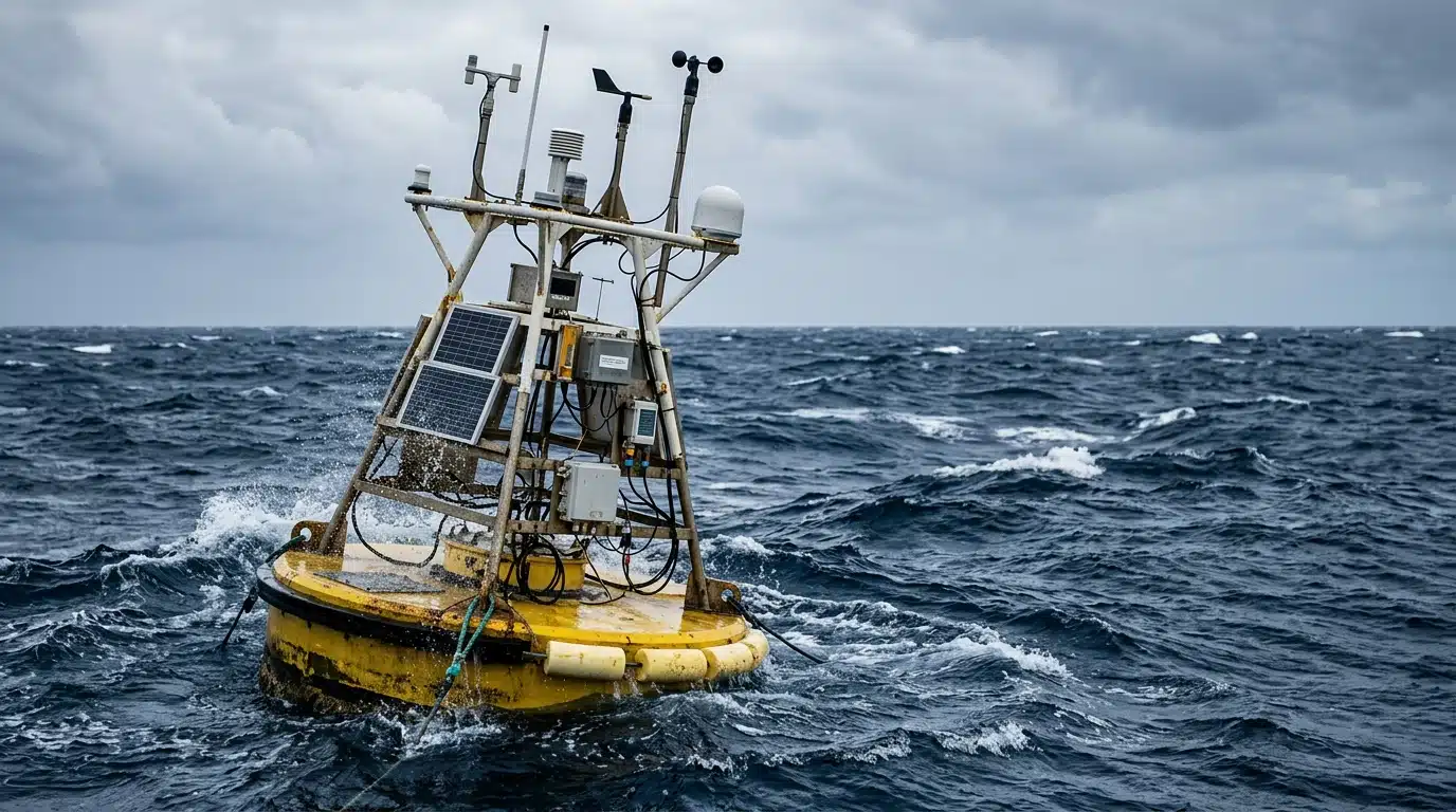Bouée océanographique flottant sur une mer houleuse