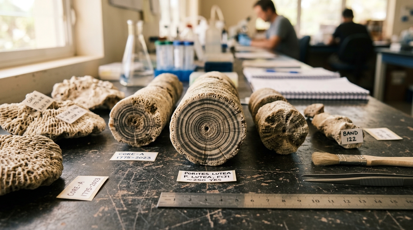 Fragments de coraux anciens étudiés en laboratoire