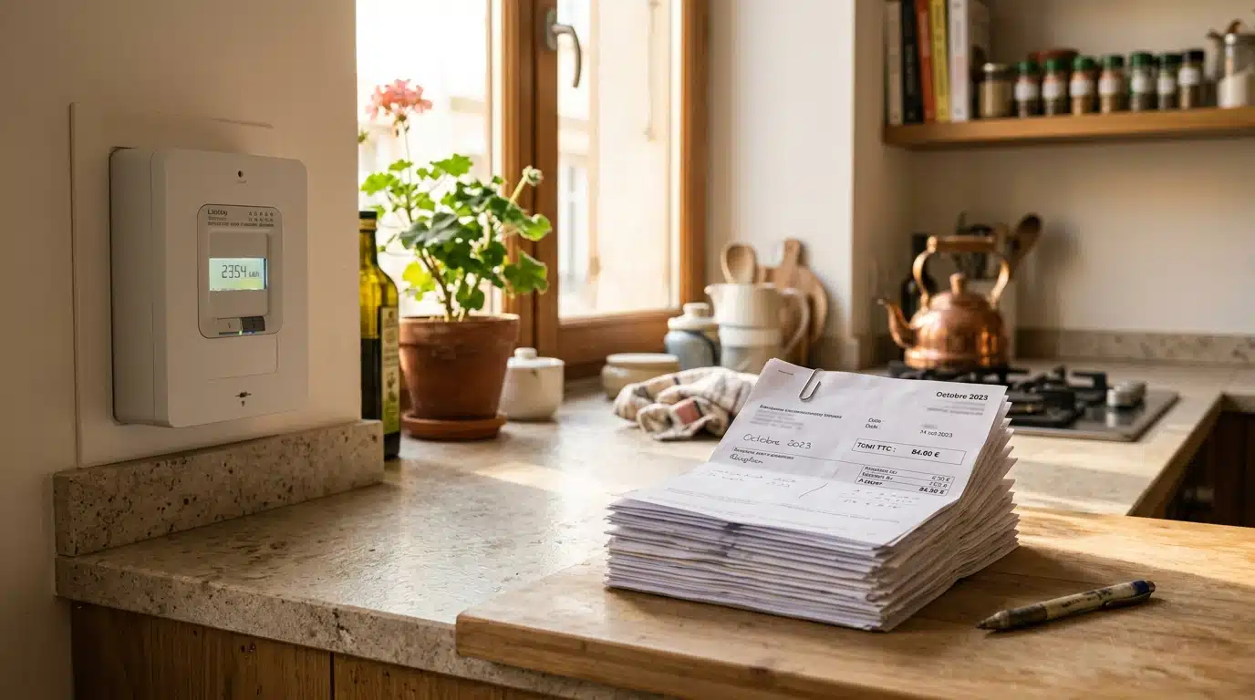 Compteur électrique et factures d'énergie sur un comptoir