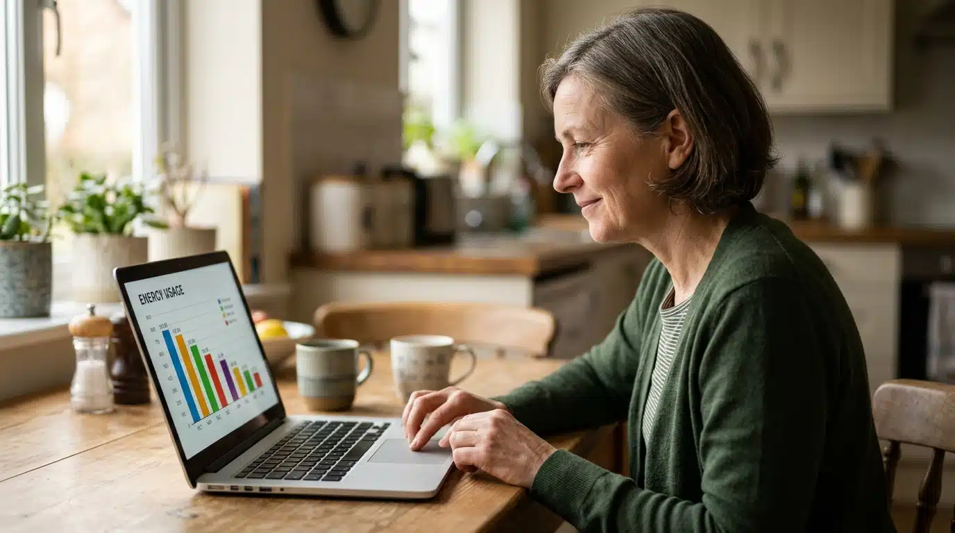 Personne souriante consultant sa facture d'électricité en ligne