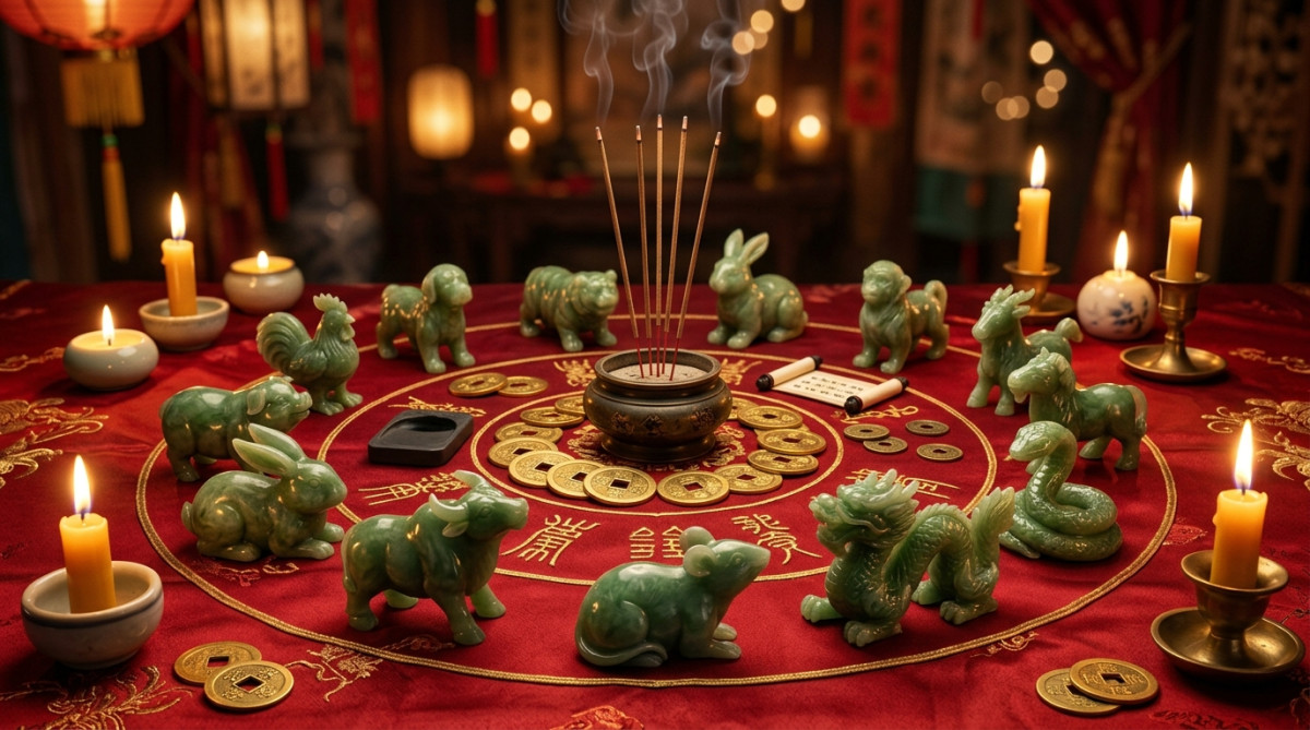 Elegant Chinese astrology scene with jade zodiac animals arranged in a circle on a red silk cloth, g