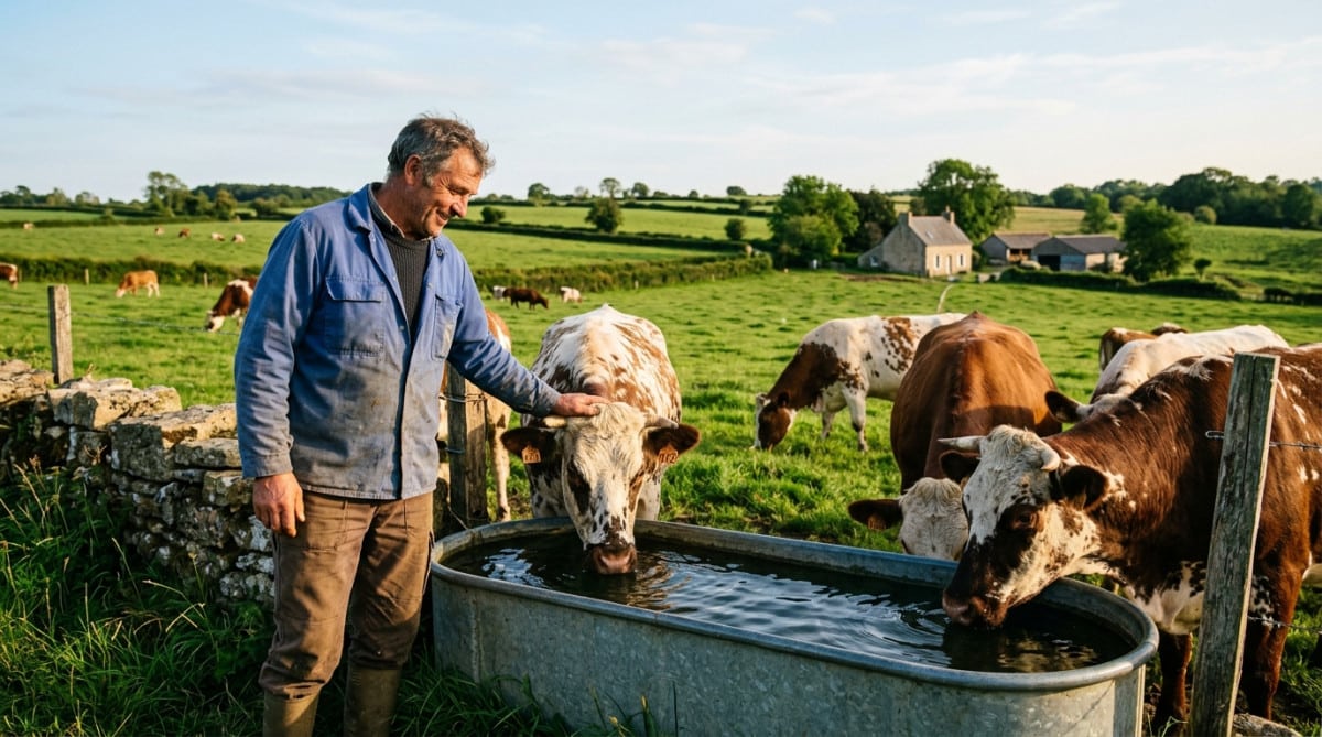 Éleveur observant des vaches boire dans un abreuvoir