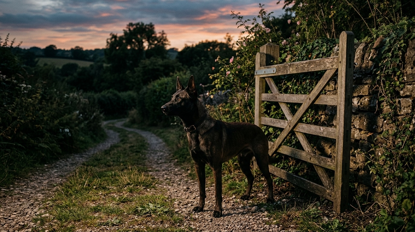 Chien malinois près d'un portail de jardin au crépuscule