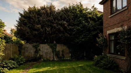 Haie de thuyas très haute plongeant un jardin dans l'ombre