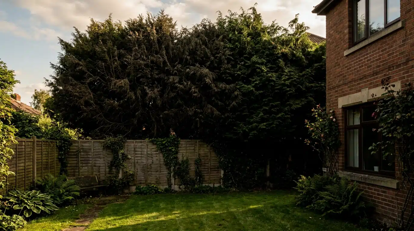 Haie de thuyas très haute plongeant un jardin dans l'ombre