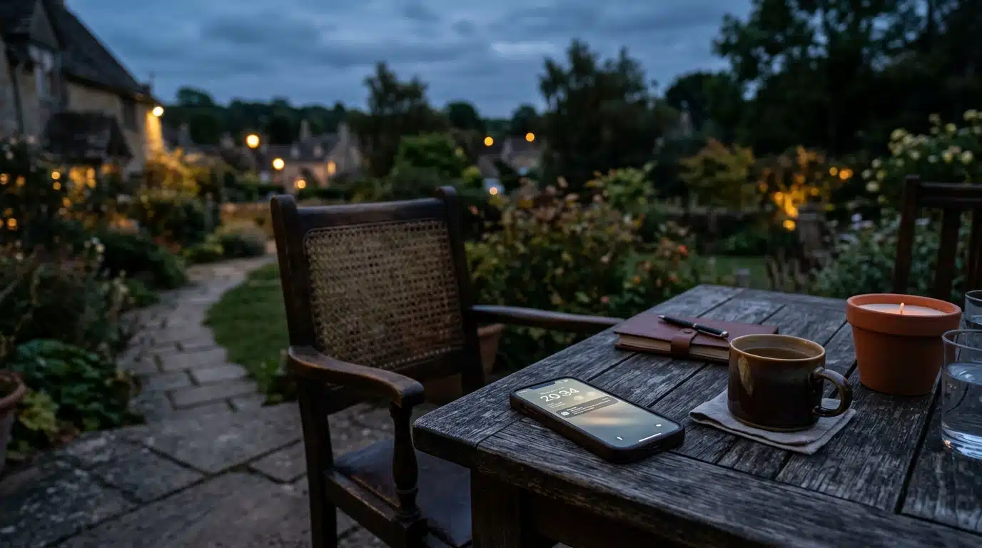 Téléphone allumé sur une table en bois à la tombée de la nuit