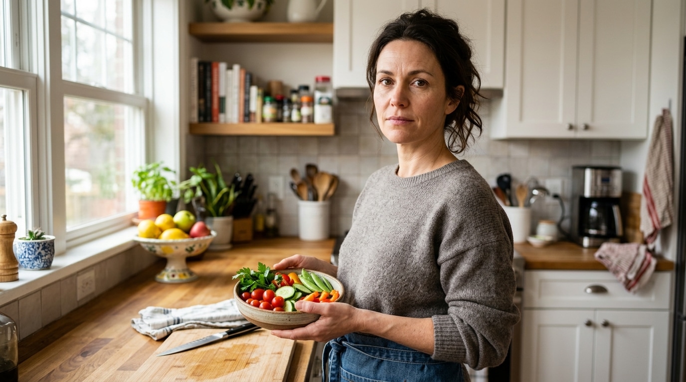 Femme anonyme souriante dans une cuisine lumineuse