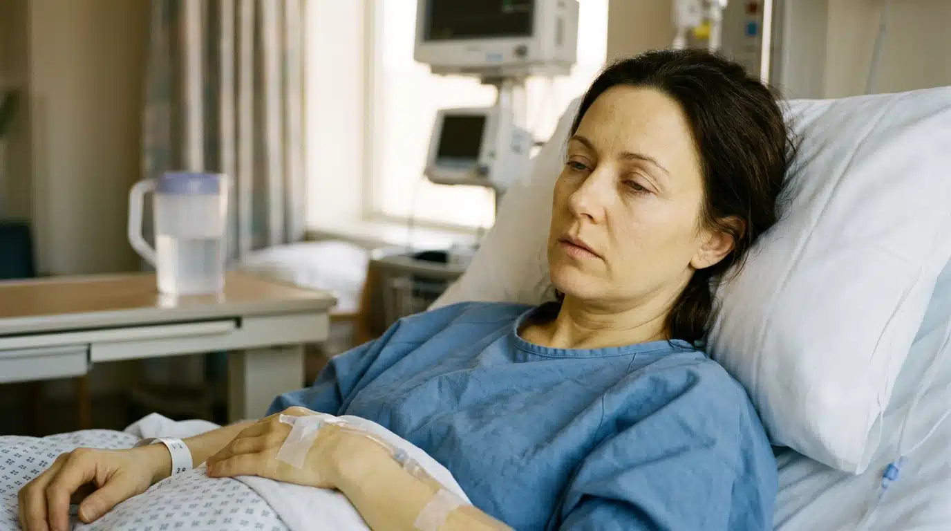 Femme allongée dans un lit d'hôpital, teint jaunâtre