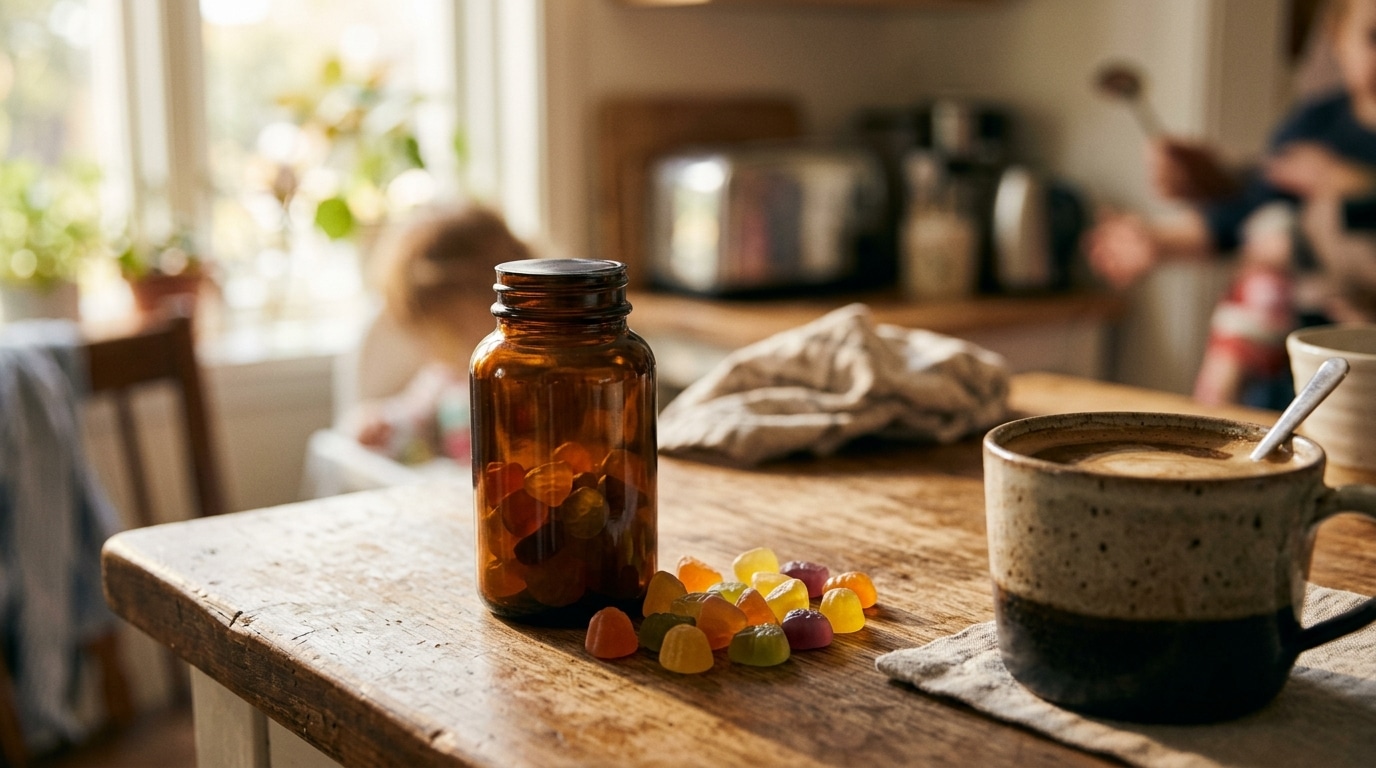 Gummies et tasse de café sur un comptoir