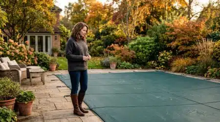 Propriétaire regardant sa piscine bâchée fin septembre