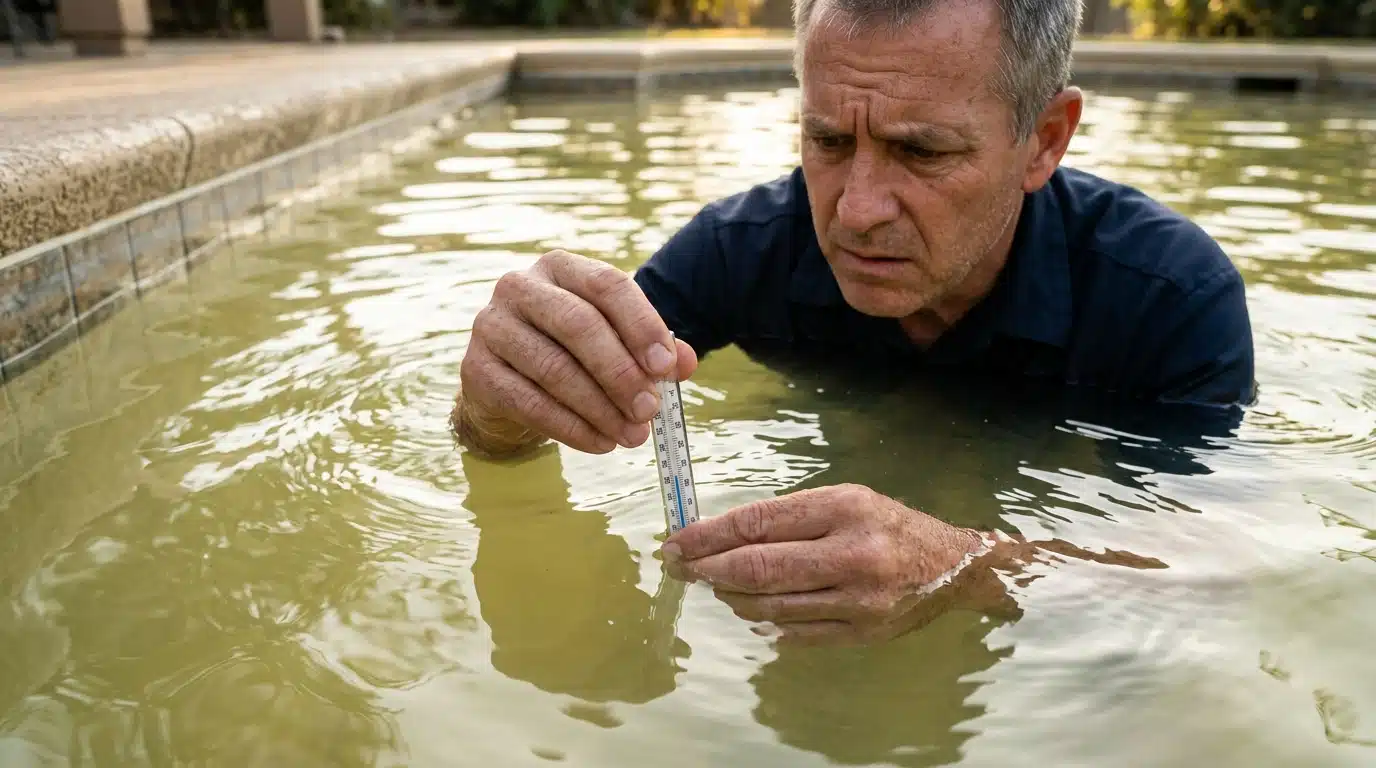 Professionnel vérifiant la température de l'eau de piscine