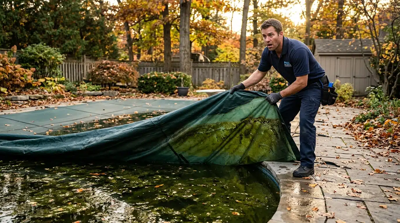 Pisciniste découvrant l'eau verte sous la bâche d'hivernage