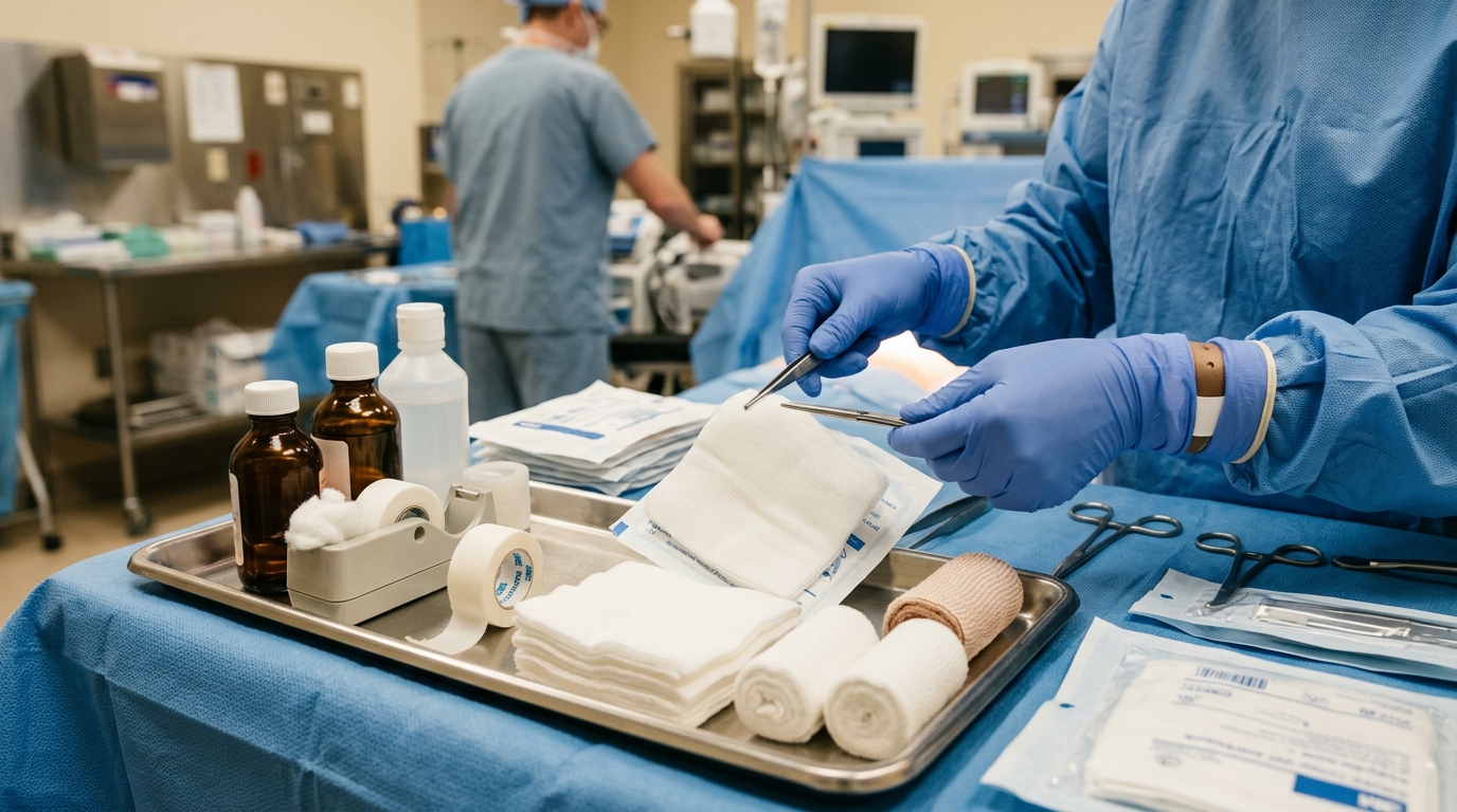 Mains gantées préparant un pansement médical stérile