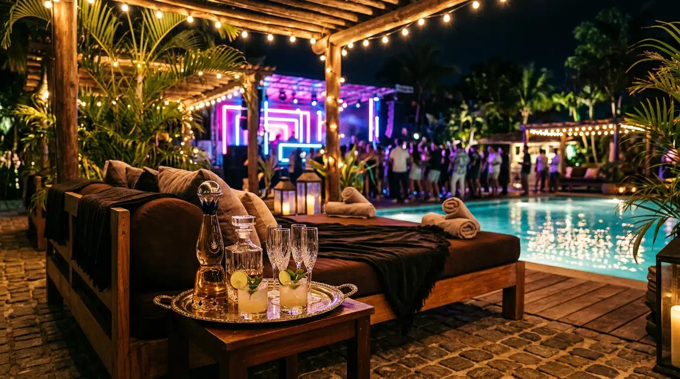 Daybed VIP avec bouteilles près d'une piscine de club