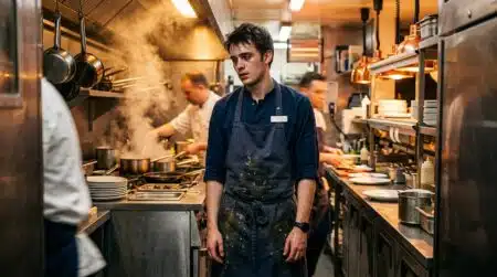 Jeune serveur épuisé dans une cuisine de restaurant bondée