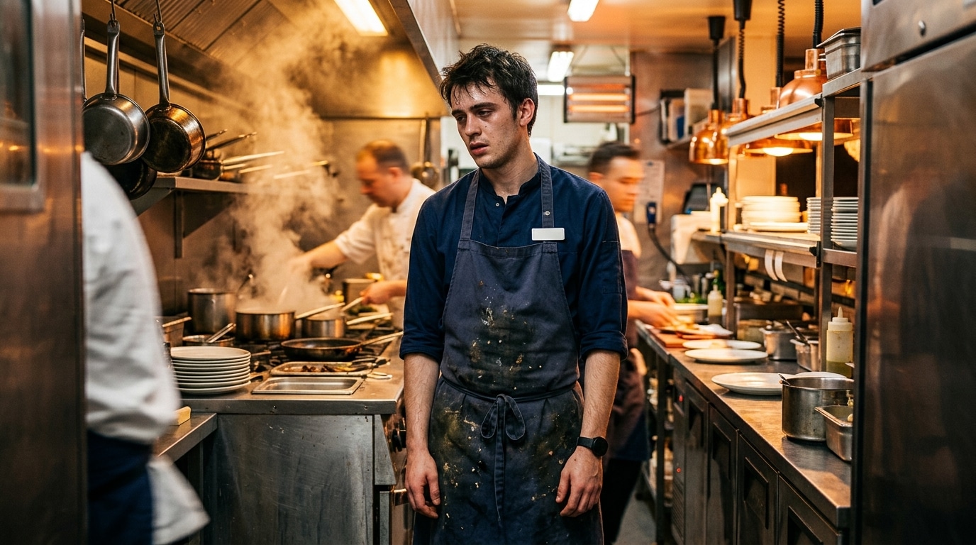 Jeune serveur épuisé dans une cuisine de restaurant bondée
