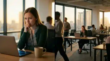 Jeune femme perplexe à son bureau le premier jour