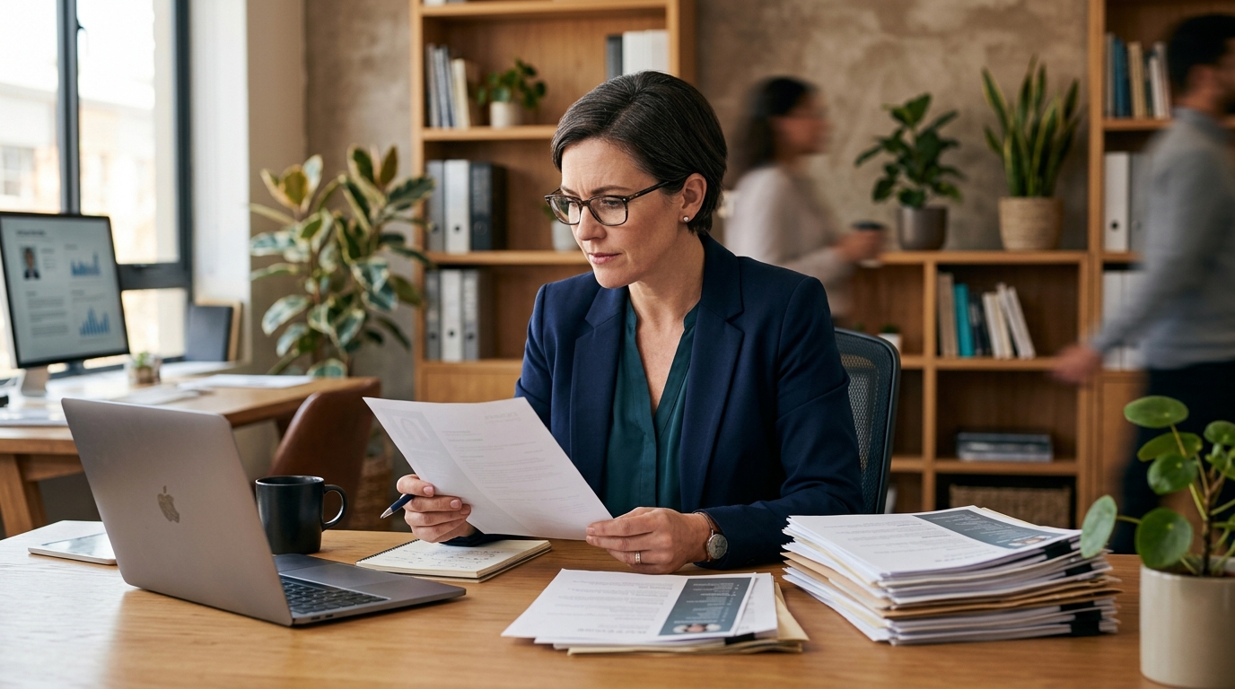 Recruteuse RH examinant un CV dans son bureau