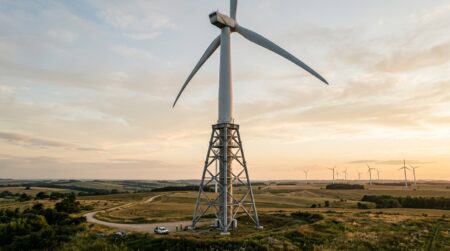 Éolienne géante en construction dépassant l'horizon au crépuscule