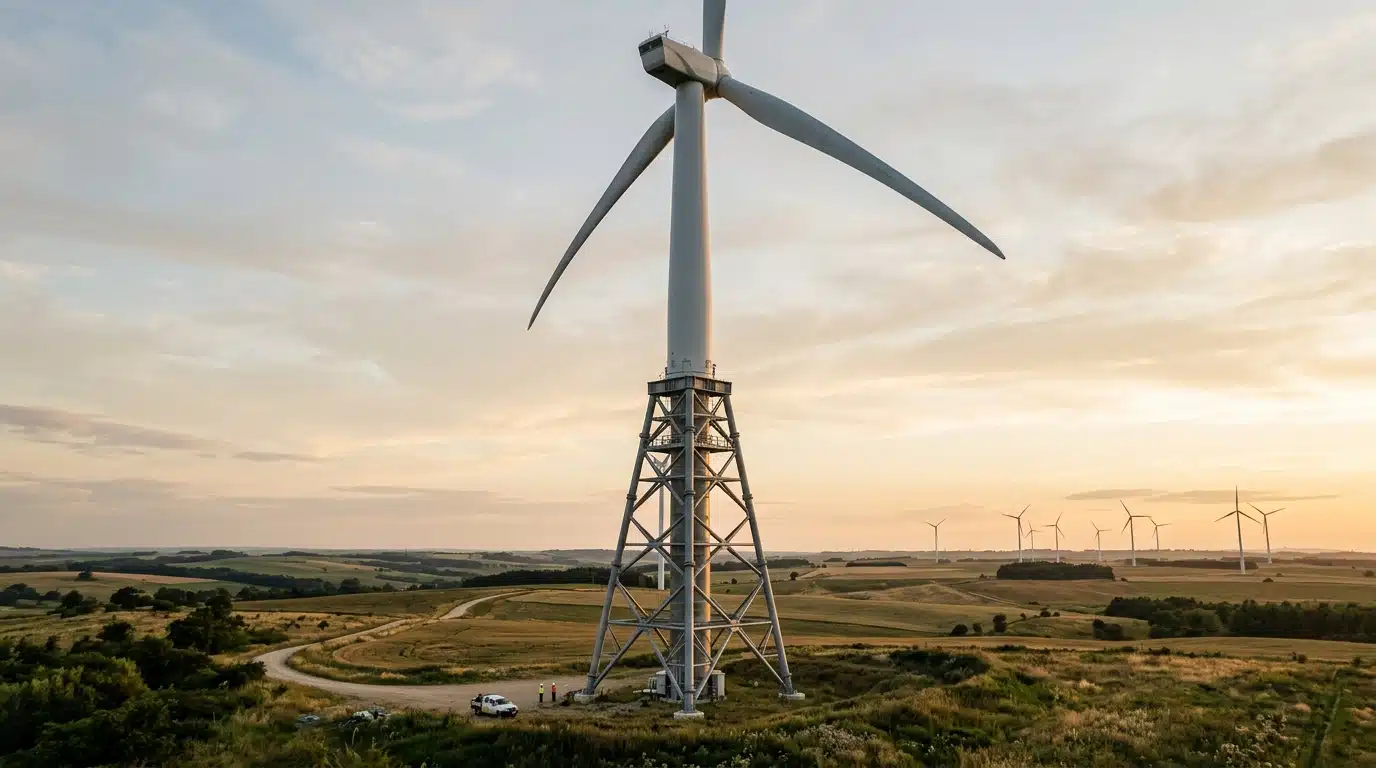 Éolienne géante en construction dépassant l'horizon au crépuscule