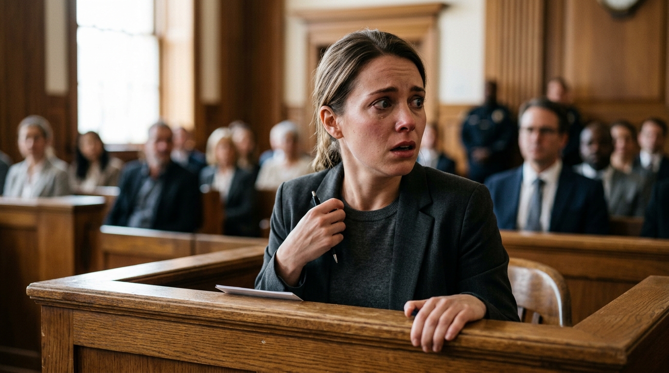 Jeune femme au visage inquiet dans un tribunal