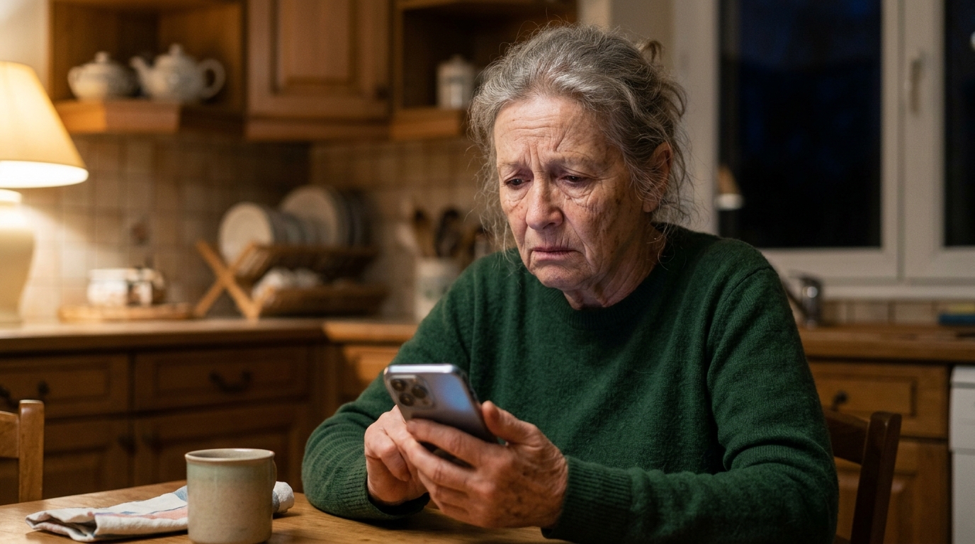 Femme âgée anxieuse tenant un téléphone la nuit