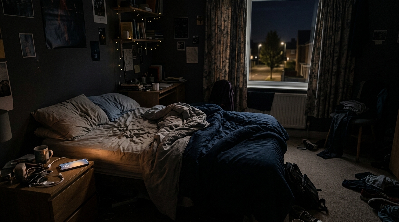 Chambre d'adolescente vide et téléphone allumé la nuit