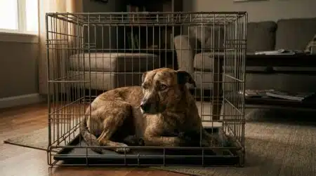 Chien anxieux enfermé dans une cage sombre