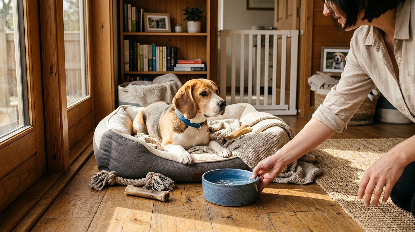 Pièce sécurisée aménagée pour un chien avec eau