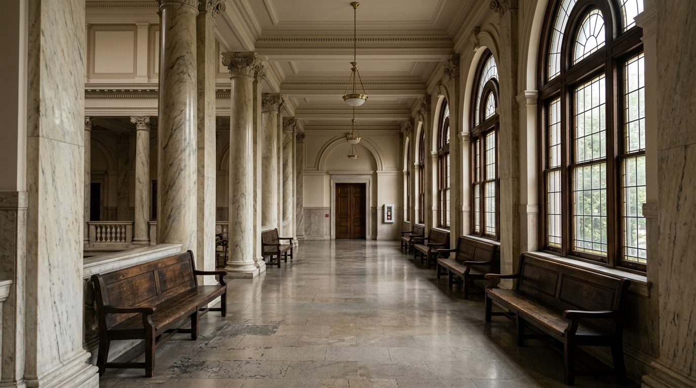 Couloir d'un tribunal, symbole du procès et de l'attente judiciaire